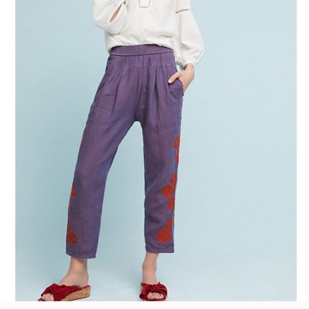 Anthropologie 100% Linen Embroidered Boho cropped pants size S
